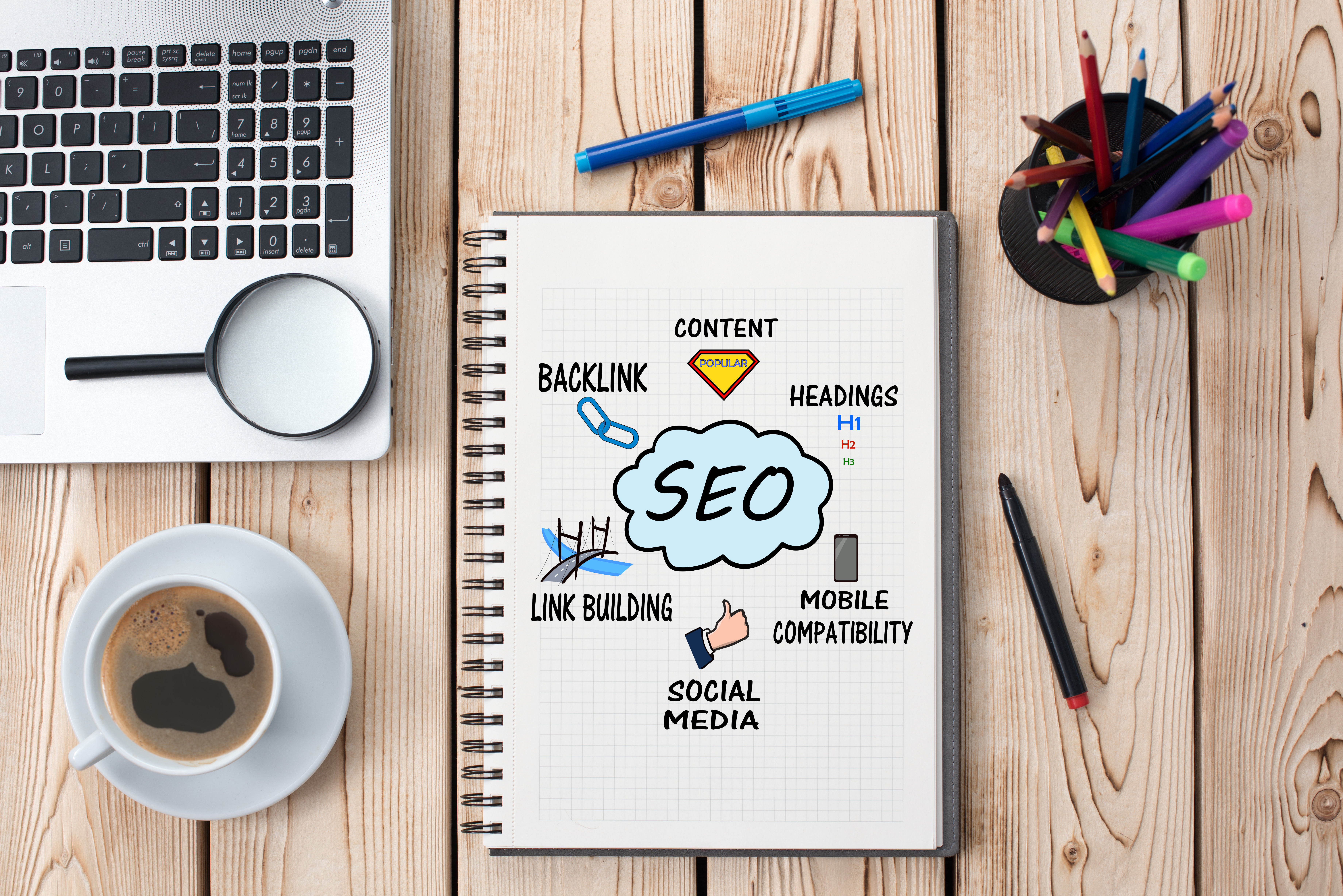 Search Engine Optimization includes content, headlines, mobile compatibility, social media, link building and a backlink.